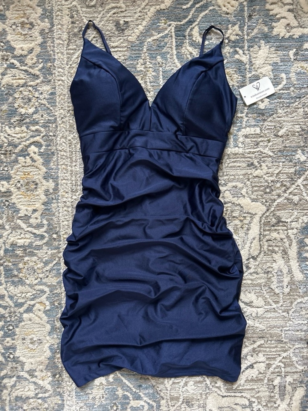 Windsor Navy Ruched Spaghetti-Strap Mini Dress